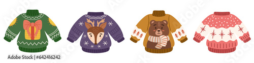 Ugly sweater party. Merry Christmas collection with funny sweaters. Big set with hand drawn falt holidays pullover - bear, deer, giftbox and snowflake pattern