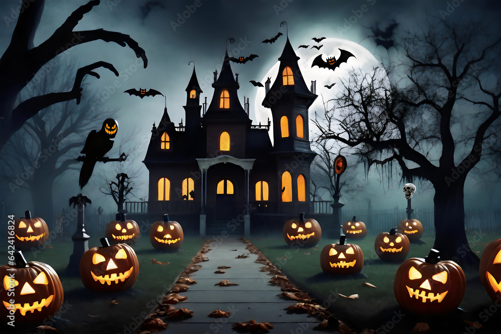 A dark sky with bright moon, below are a bunch of dead trees and smiling pumpkins, Halloween Background. A dark sky with bright moon, below are a bunch of dead trees and smiling pumpkins, Halloween Background.