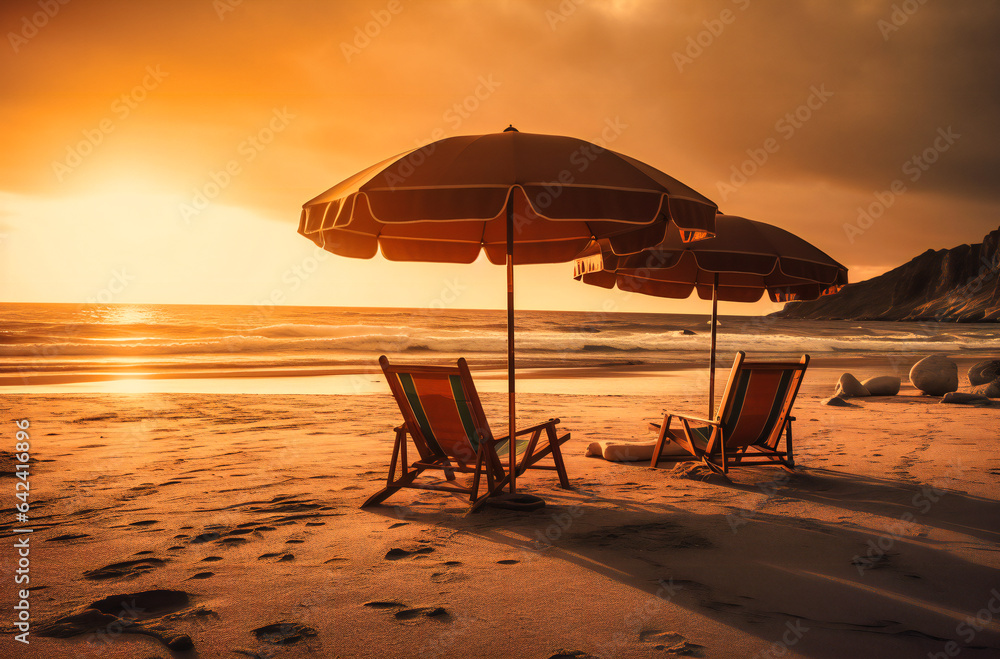 Large Umbrella and Lounge Chairs on Beach at Sunset: Coastal Relaxation Large Umbrella and Lounge Chairs on Beach at Sunset: Coastal Relaxation