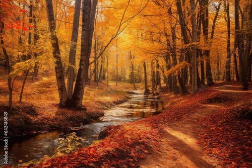 "Tranquil Autumn Woods: A Beautiful Canvas". Digital Poster. Ai generated.