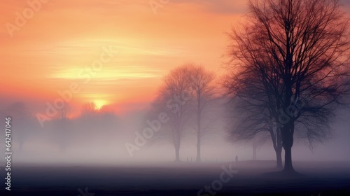 A foggy field with trees and a orange sunset in the background