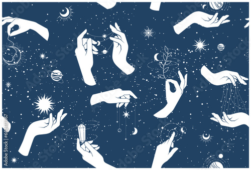 Witch hands, magic tarot seamless pattern, wizardry and fortune-telling, sorcery and witchcraft background, magic spells, vector