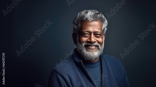 Delighted Indian man in 70s, short grey hair, dark blue theme
