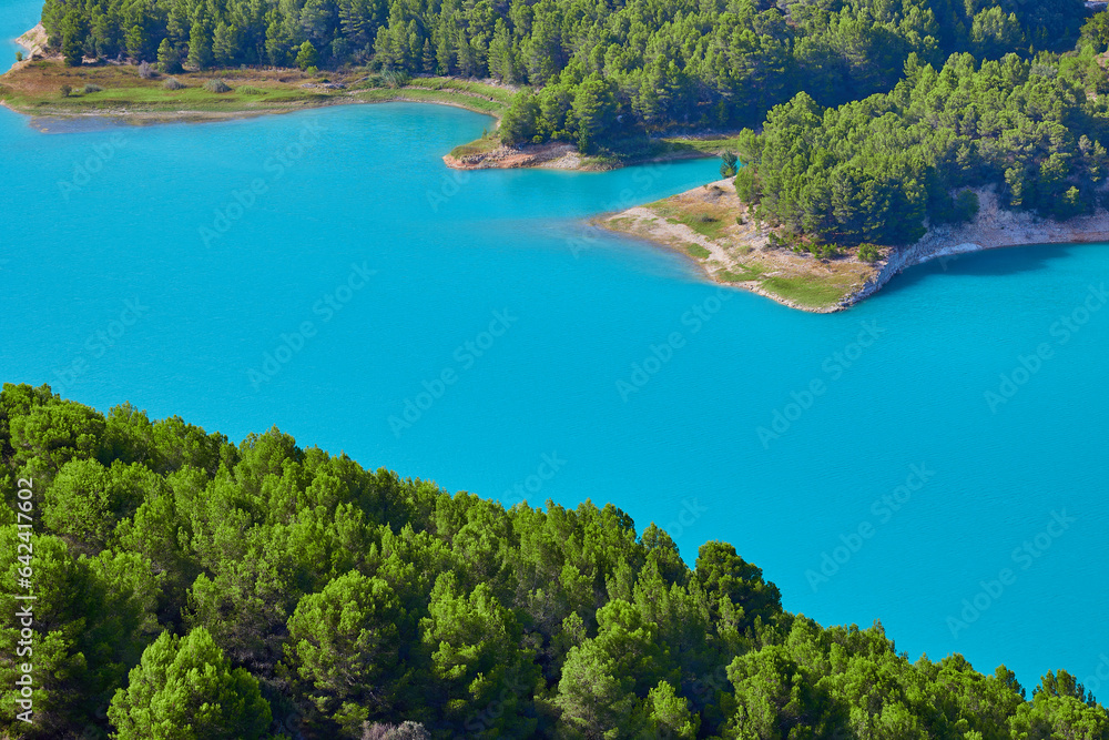 Top view of Guadalest reservoir, beautiful landscape with turquoise water. Guadalest, Valencia, Spain.