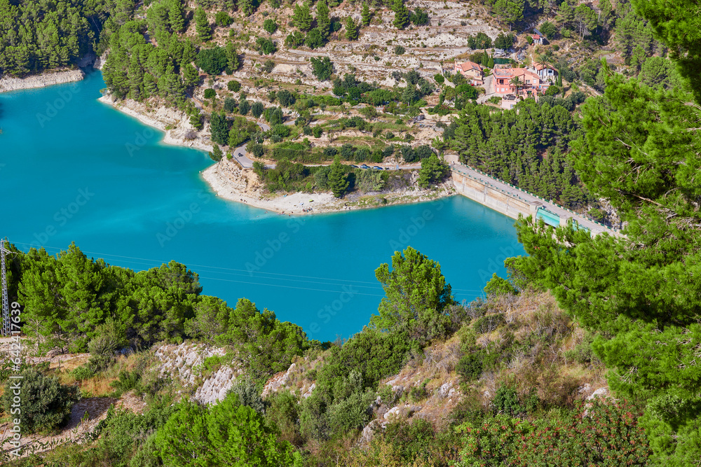 Top view of Guadalest reservoir, beautiful landscape with turquoise water. Guadalest, Valencia, Spain.