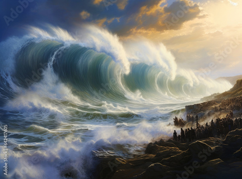 Deluge, great flood. A huge wave hits the shore. Illustration. Biblical Scene