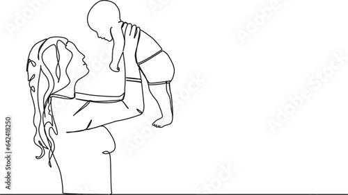 continuous single line drawing of mother holding up her baby, line art vector illustration