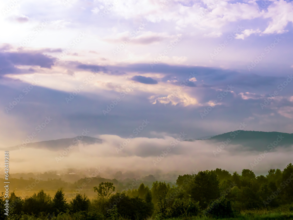 Beskid Zywiecki Mountains covered by morning mist, Poland