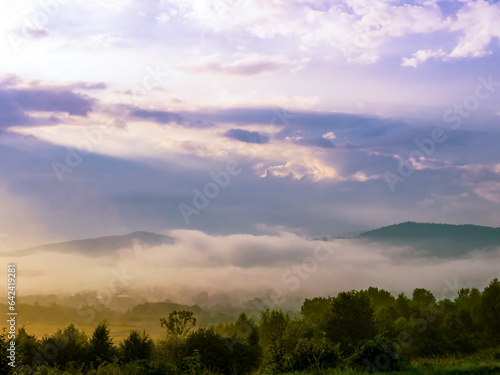 Beskid Zywiecki Mountains covered by morning mist  Poland