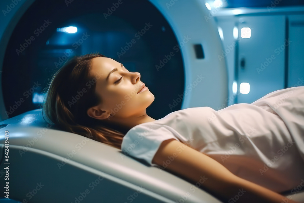 Beautiful young ill woman laying on the x ray machine table while waiting for examination Beautiful young ill woman laying on the x ray machine table while waiting for examination