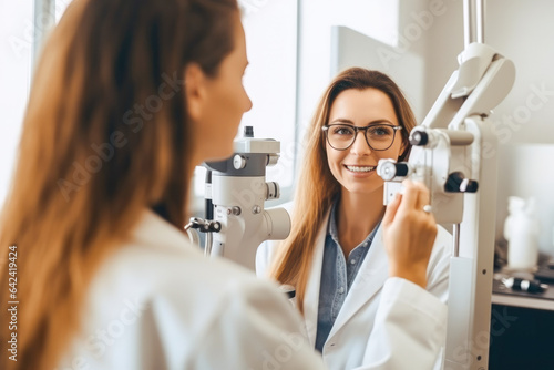 Ophthalmologist with her woman patient during examination of eyes, eye examination appointment