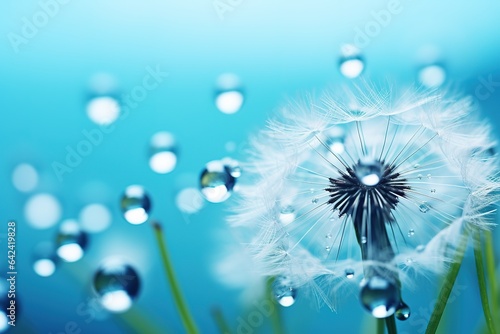 Dandelion on blue sky, Drops of dew sparkle on dandelion in rays of light. Summer's Symphony: Celebrating Growth and Beauty of Greenery blue theme