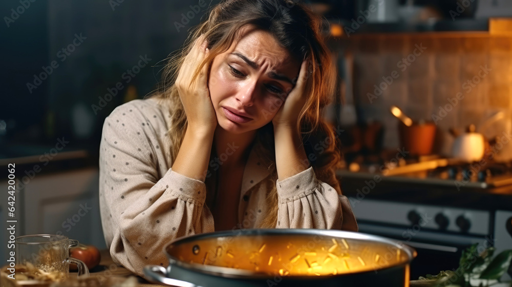 Funny desperate and exhausted family woman is trying to cook dinner. Generative AI
