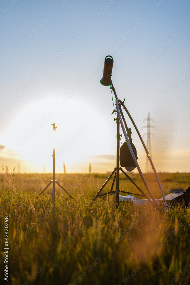 Outdoor photography equipment concept. Led photo studio spotlight among the green field at the dusk.