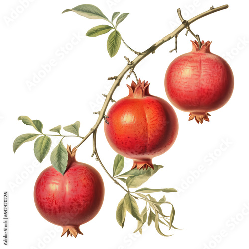 Botanical illustration pomegranates on a branch, PNG. Generative AI	

