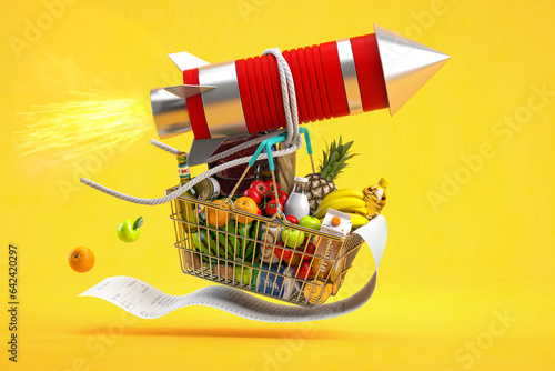 Fast delivery, growth of market basket or consumer price index, inflation or growth of food sales concept. Shopping basket with foods on flying rocket