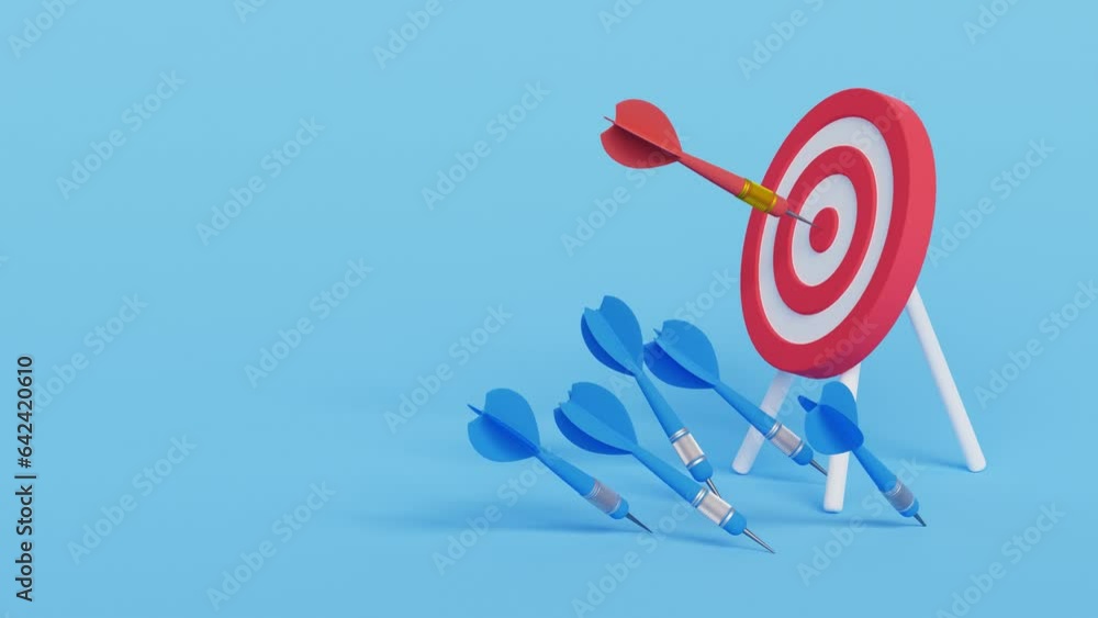Success after many failures concept, Failure gives experience and makes you successful, Archery target ring with one hitting and many missed arrows. 4k 3d animation