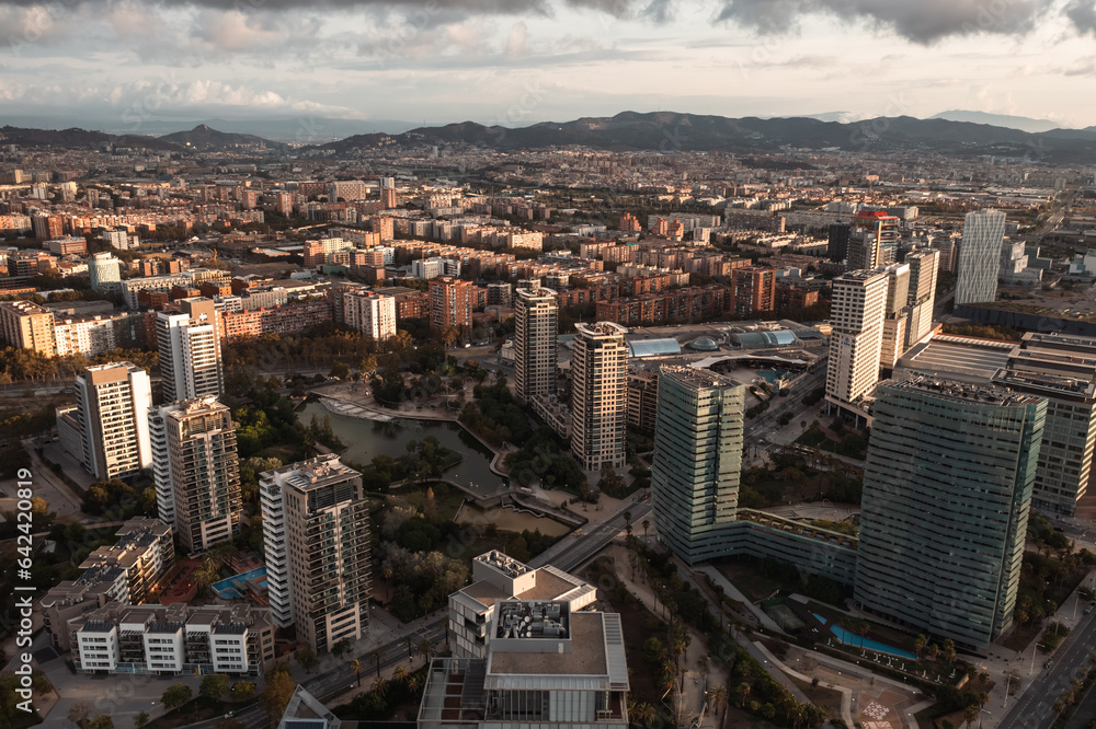 Barcelona, aerial droneshot ,above cityscape