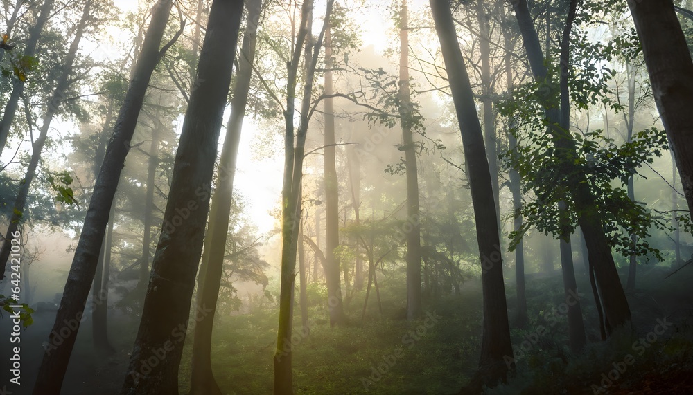 Naklejka premium morning in the forest, Foggy Forest with Sun Rays