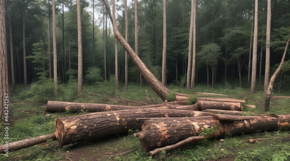 Harvested timber from the forest's fallen trees. Harvested timber from the forest's fallen trees.