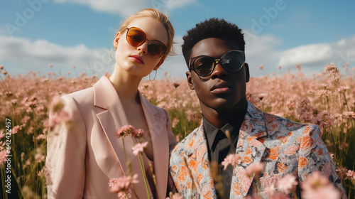 Fashion man and woman in flowers field. Young black man in suit and blond woman in dress in high grass flowers, fashion models. Fashion shoot, togetherness, beautiful people.