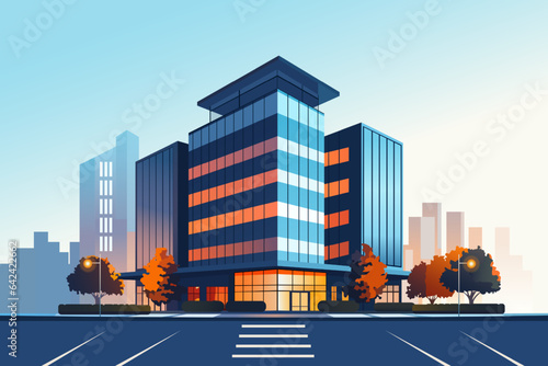 Modern office building with trees and parking. Business center with glass windows or mall on the background of the city. Vector illustration.