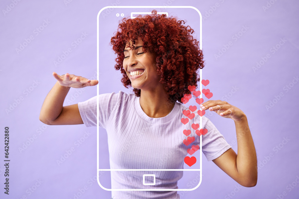 Φωτογραφία Studio, woman influencer and social media icon to like, subscribe and review online with smile