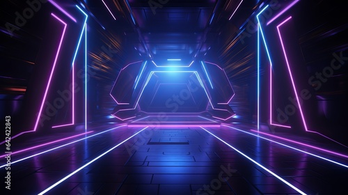 abstract neon light 3D technology background, cyber futuristic sci-fi scene