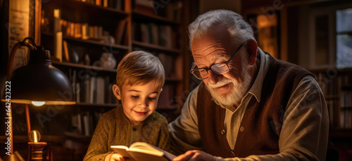 Little boy with his grandfather reading a book