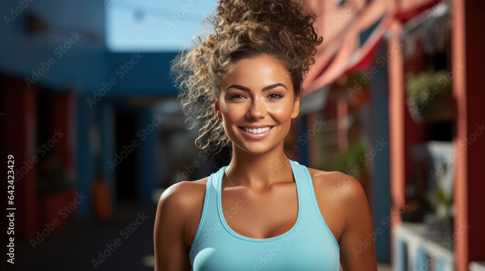 Beautiful woman with curly hair doing sports outside