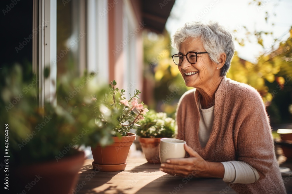 old woman in glasses with silver hair drinking coffee or tea on backyard, terrace or cafe. old woman in glasses with silver hair drinking coffee or tea on backyard, terrace or cafe.