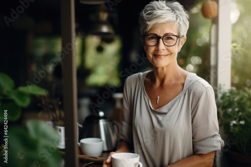 old woman with silver hair with glasses, trendy short haircut, drinking coffee or tea on backyard, terrace or cafe.