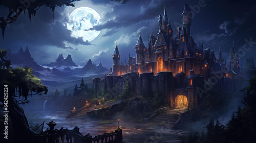 an illustration of a castle haunted house background