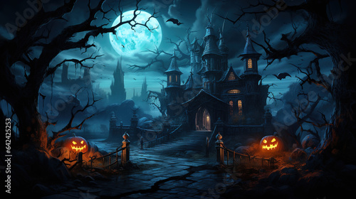 background a castle in a forest with a spooky halloween
