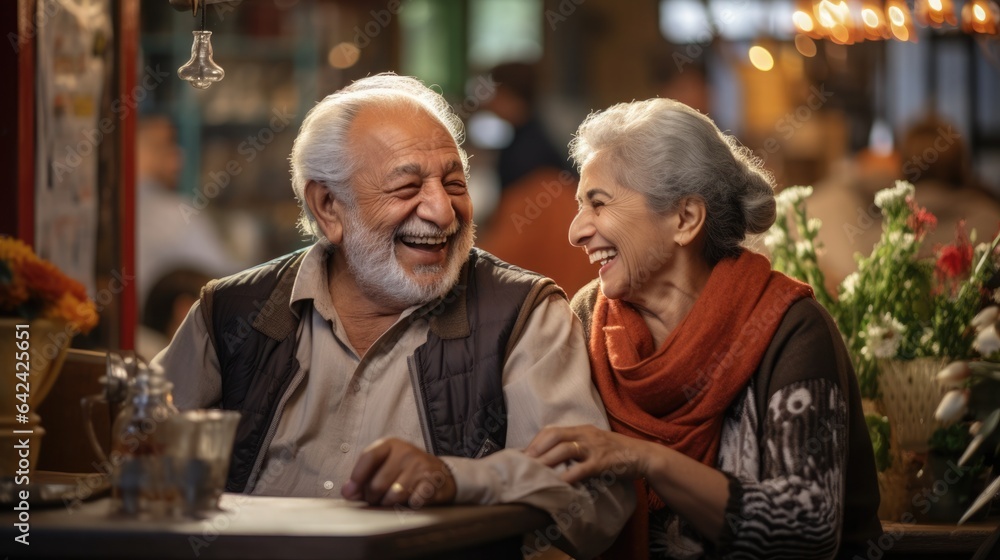 An endearing image of senior couples enjoying a leisurely stroll through a picturesque town square, their smiles capturing the joy of creating lasting memories together