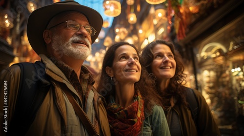 An endearing image of senior couples enjoying a leisurely stroll through a picturesque town square, their smiles capturing the joy of creating lasting memories together