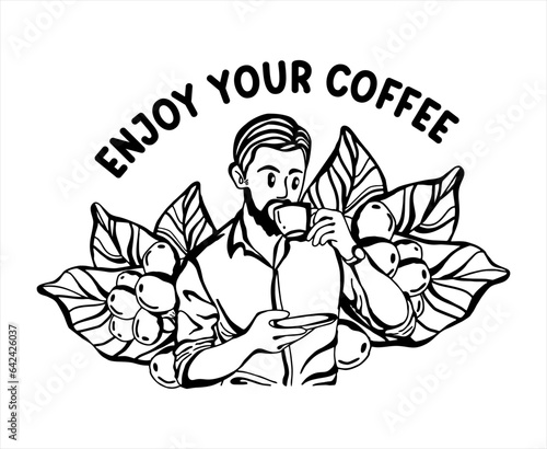 vector illustration of a man drinking coffee, with a background of coffee leaves in the morning, line art