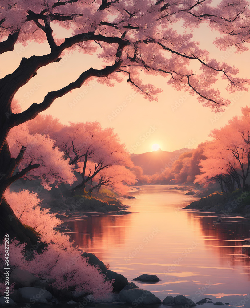 Sunset over the river and sakura tree. AI