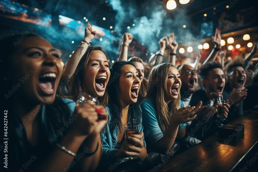 Fußballfans beim Public Viewing in Kneipe während internationaler Meisterschaft, Fussball