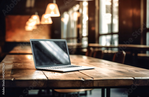 Laptop on Wooden Table with Empty Picture Screen: Creative Workspace