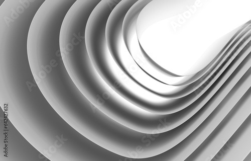 Gray abstract background of dynamically curving wide stripes illuminated from behind by light, 3d render