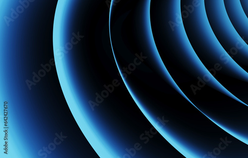 Blue abstract geometric background of dynamically curved stripes, 3d render