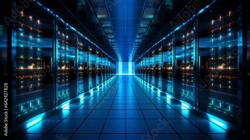 Shot of a dark data center with multiple rows of fully functional server racks. Modern telecommunications, cloud computing, artificial intelligence, database, supercomputer