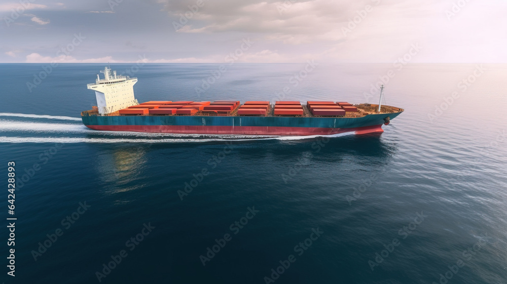 Cargo tanker on the way across the ocean, sea. Export import of goods. Commercial delivery. AI generated.