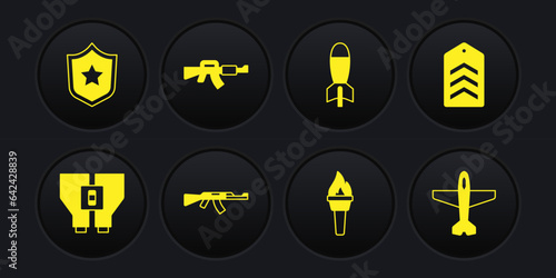 Set Binoculars, Chevron, Submachine gun, Torch flame, Rocket launcher, M16A1 rifle, Plane and Police badge icon. Vector