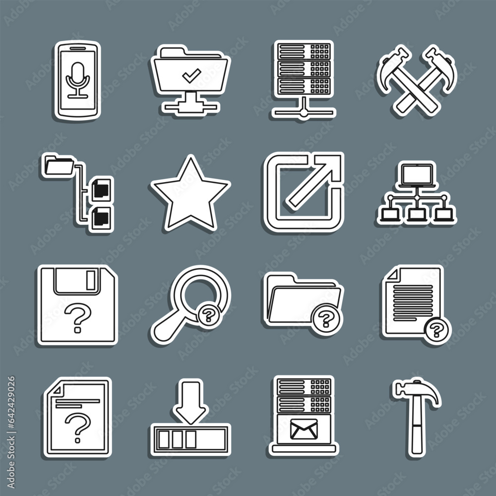 Set line Hammer, Unknown document, Computer network, Server, Data, Web Hosting, Star, Folder tree, Mobile recording and Open new window icon. Vector Set line Hammer, Unknown document, Computer network, Server, Data, Web Hosting, Star, Folder tree, Mobile recording and Open new window icon. Vector