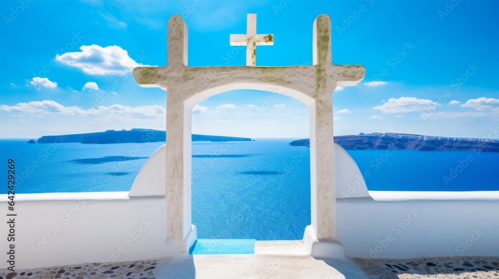 View of religious arch and cross at coast
