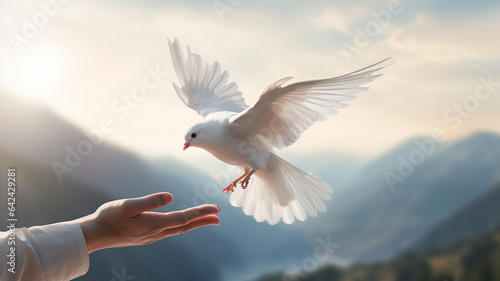 Foto Code up hand releasing a white pigeon On the background, natural scenery, mountains, sky, blurred style