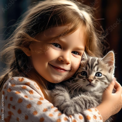 Little smiling girl holding a kitten