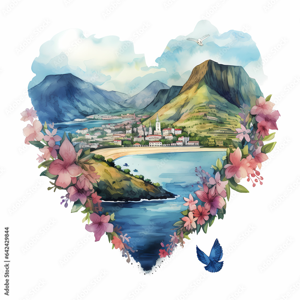 Madeira, Portuguese island in heart shape, watercolor illustration. - obrazy, fototapety, plakaty 